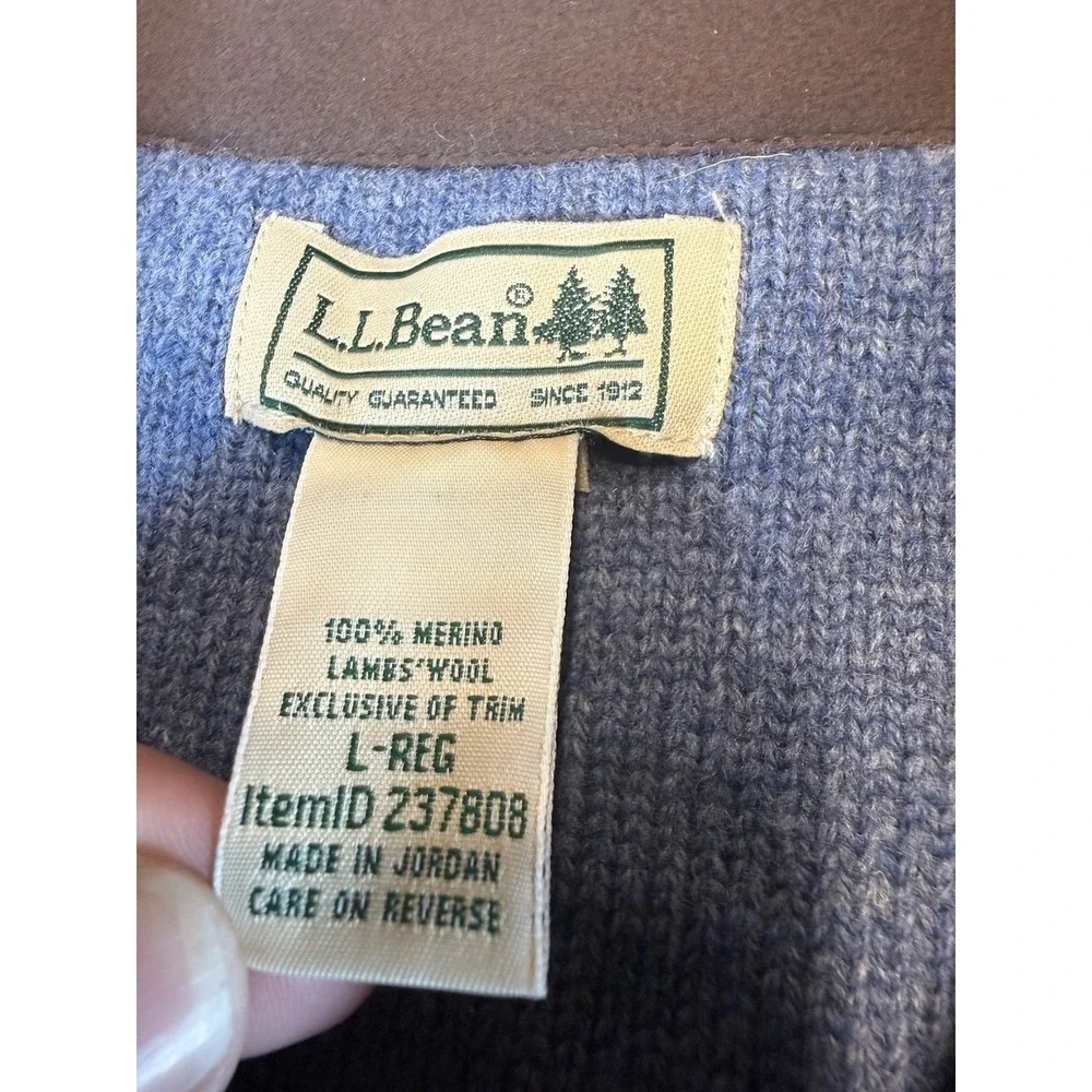 LL Bean Sweater Mens Blue Merino Lambswool 1/4 Zip Brown Collar‎ 237808 Large